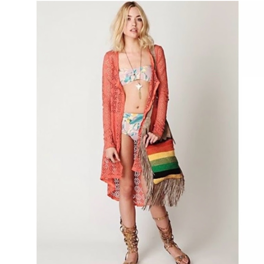 Free People Beach Love Song Long Sleeve Orange Crochet Lace Coverup Dress XS